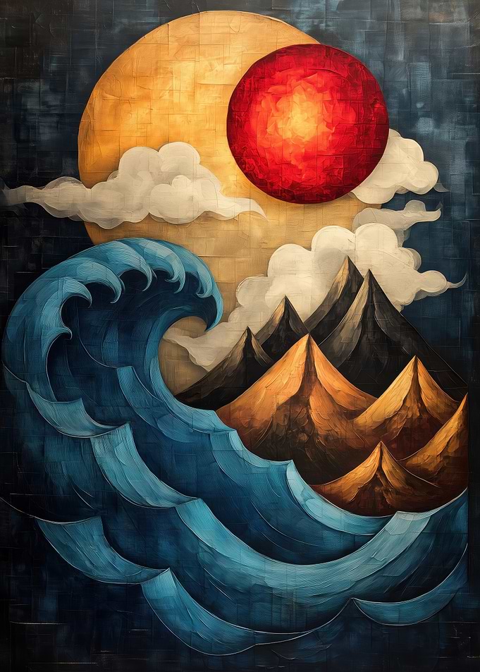 Great Wave, Sun, and Mountains