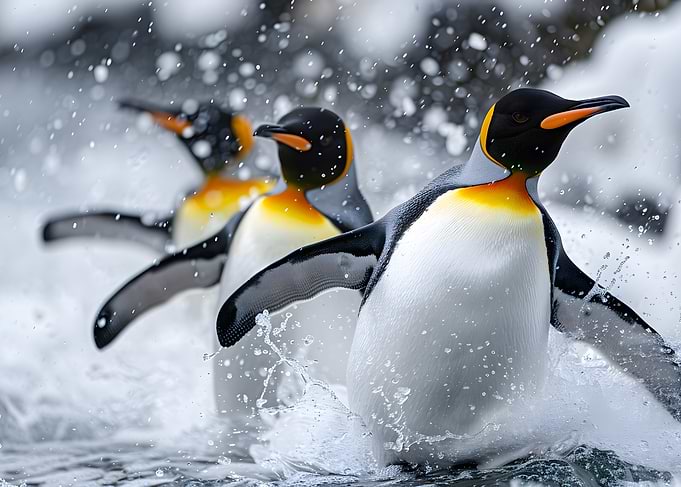 King Penguins Wading Through Water