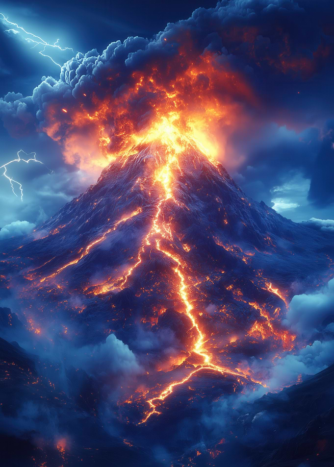 Erupting Volcano with Lightning Strikes