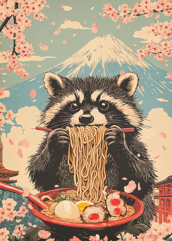 Raccoon Eating Ramen with Mount Fuji