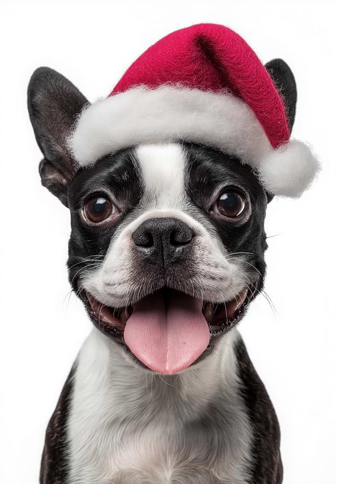 Festive Boston Terrier with Santa Hat
