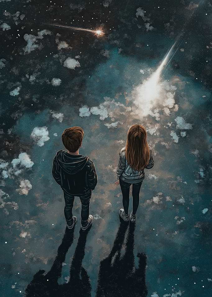 Stargazing Couple Under Shooting Stars