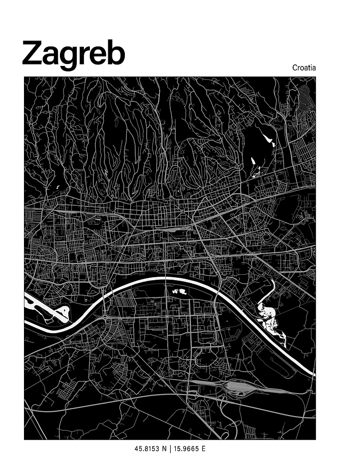 Zagreb Black and White Map