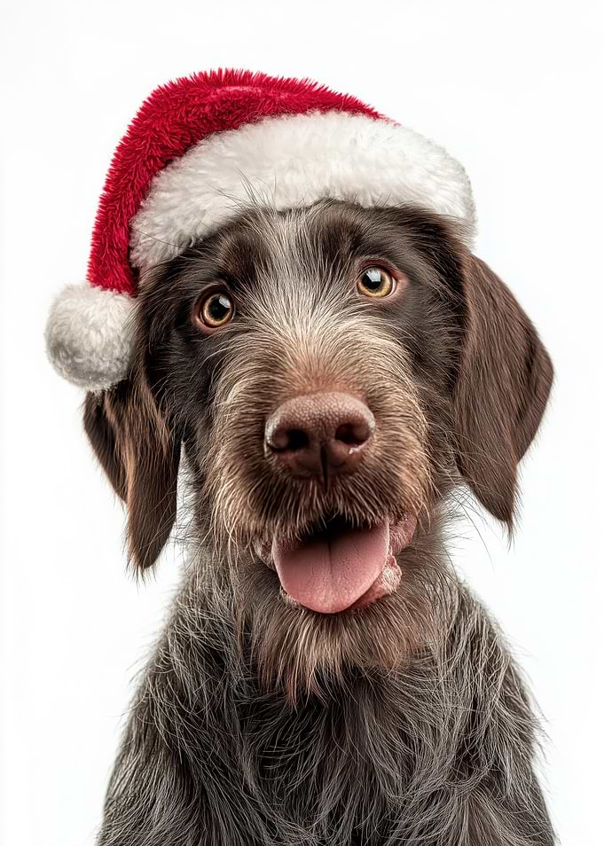 German Wirehaired Pointer Dog with Santa Hat Portrait