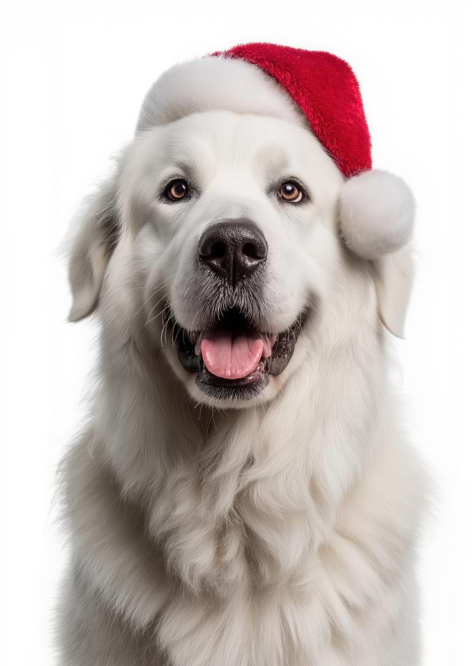 Great Pyrenees Dog with Santa Hat Portrait