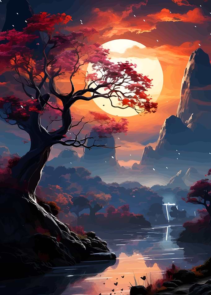Japanese Landscape with Cherry Blossom Tree