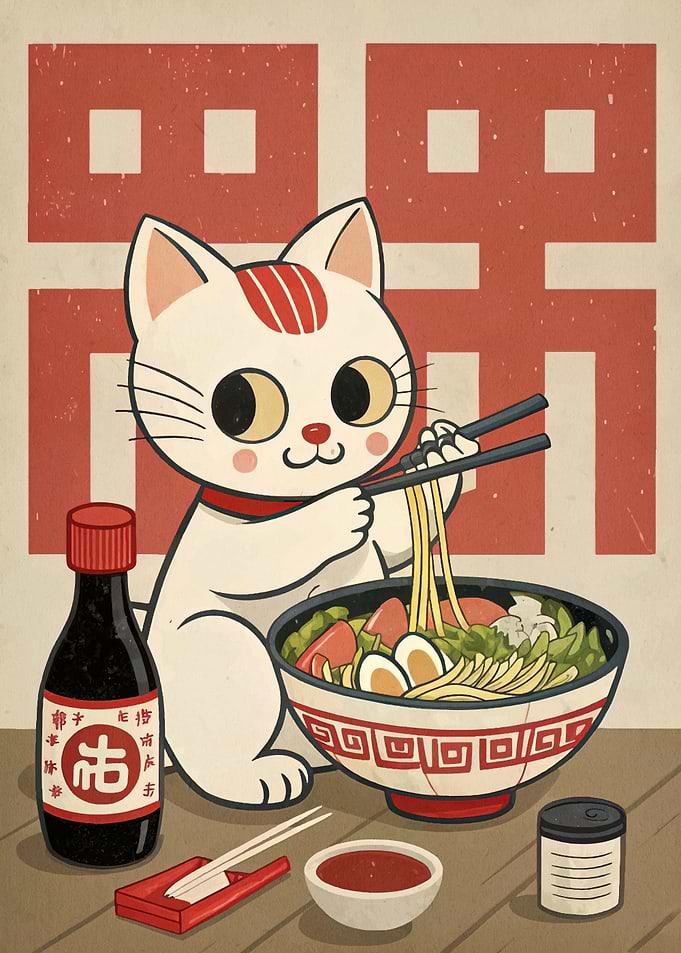 Cat eating ramen illustration