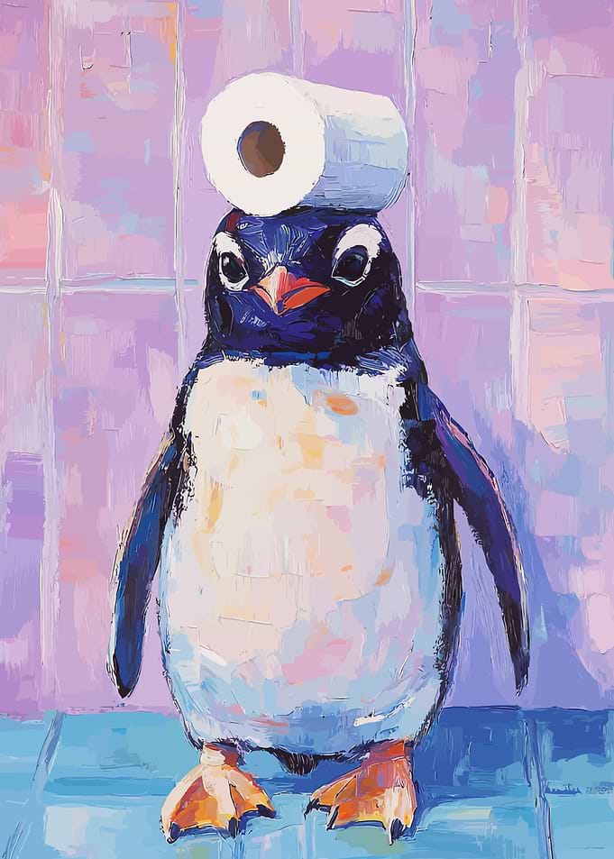 Penguin with Toilet Paper Hat Painting