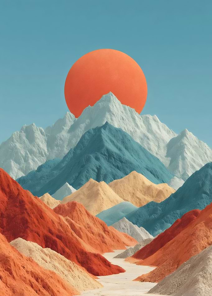 Silent Apex – Pastel Mountains Beneath a Giant Sun