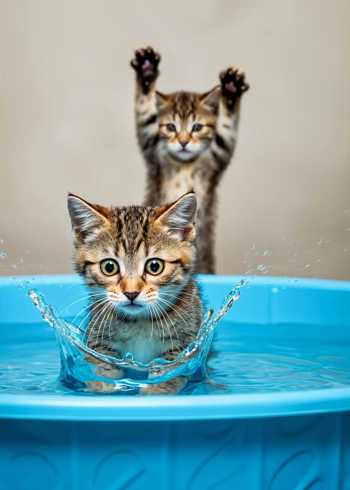 Kittens Playing in a Blue Pool