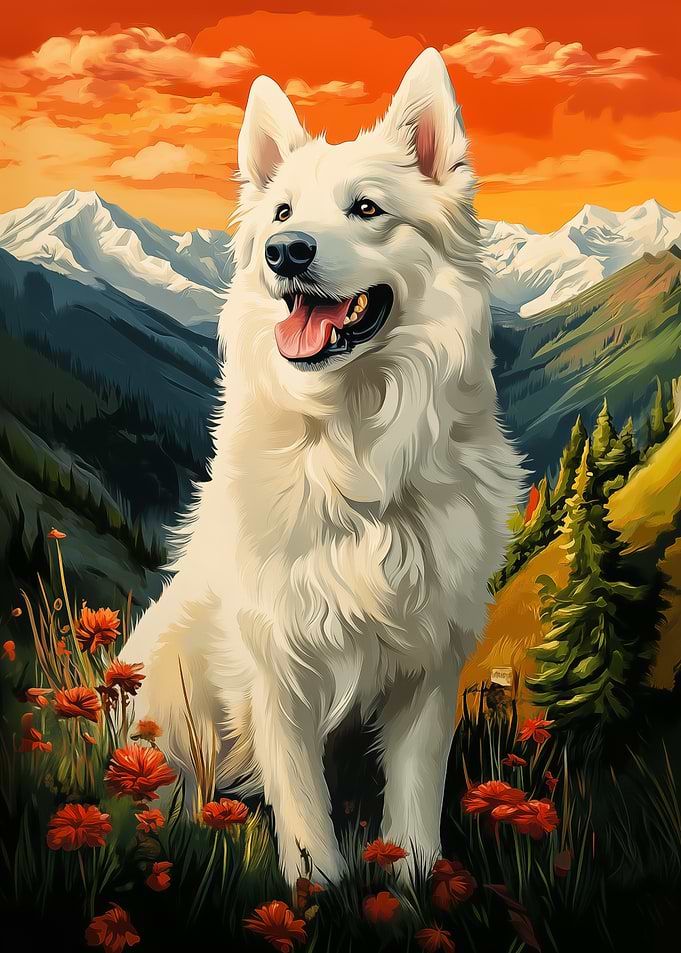 White Swiss Shepherd Dog in Mountain Landscape