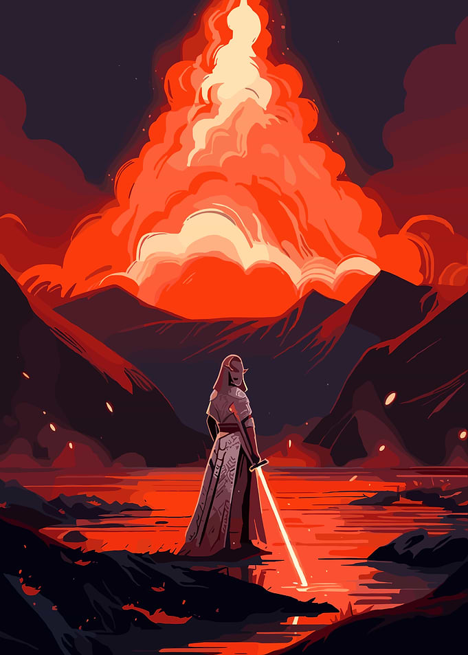 Warrior with Lightsaber in Fiery Landscape