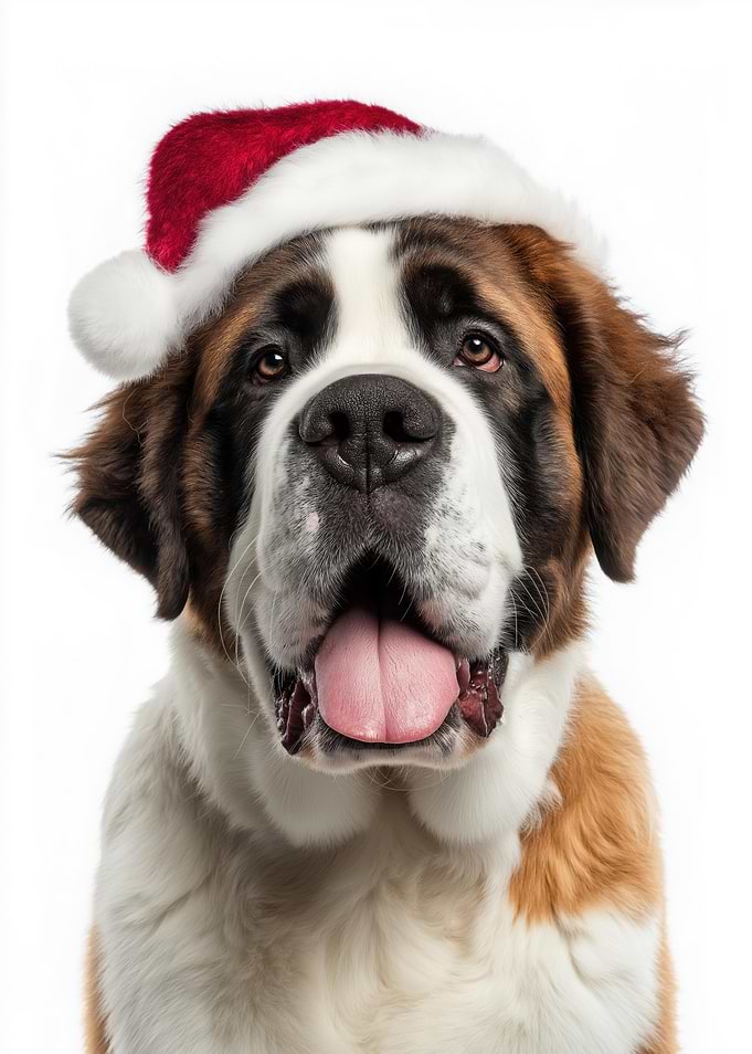 Saint Bernard dog wearing Santa hat