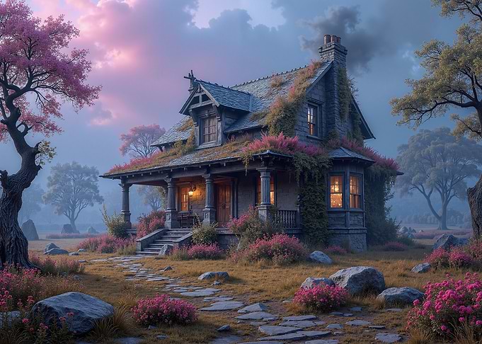 Enchanted Cottage with Pink Flowers