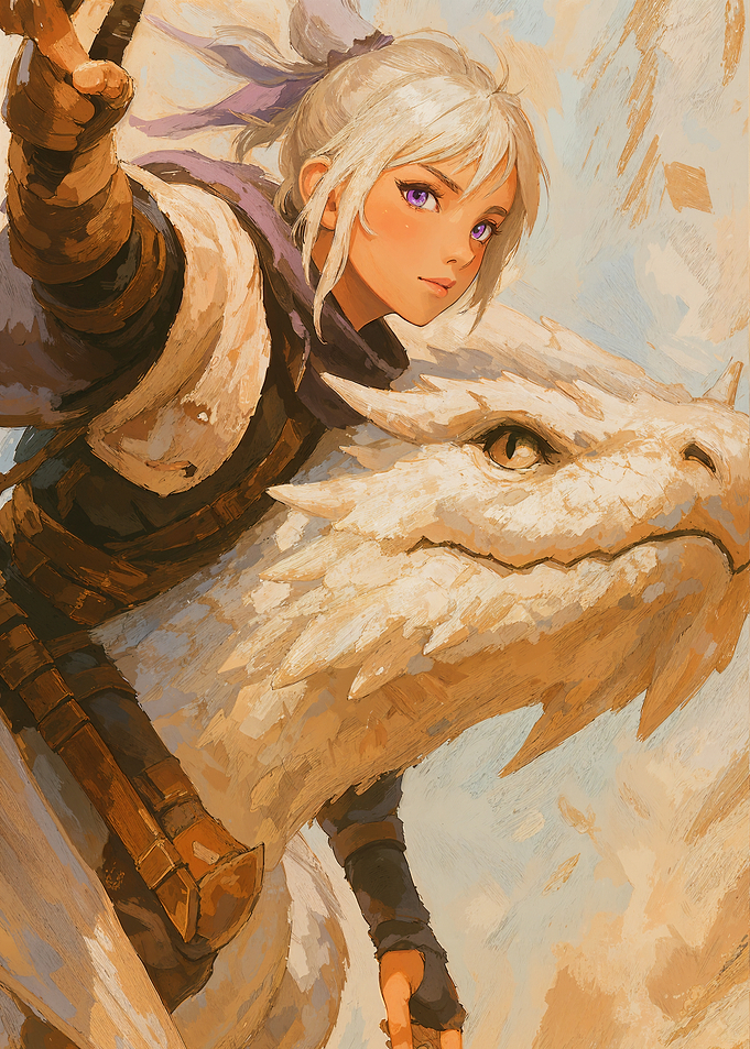 Anime Girl Riding a White Dragon