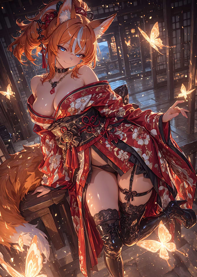 Fox Girl in Kimono with Butterflies