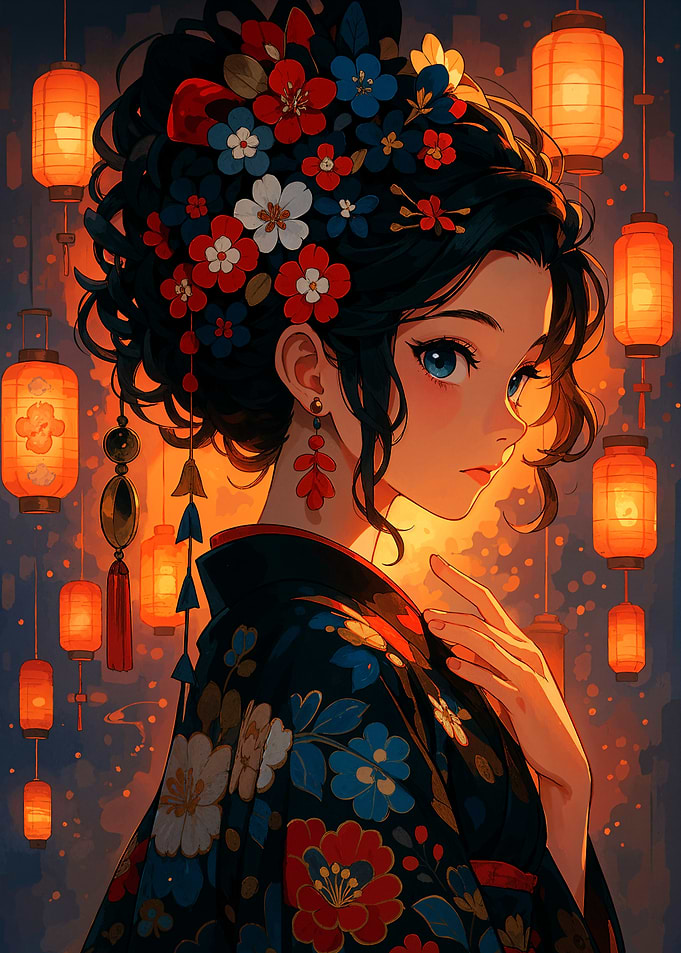 Anime Girl in Kimono with Lanterns