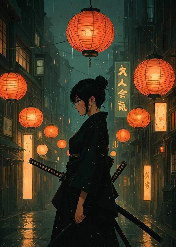 Anime Girl in Rainy Japanese Street