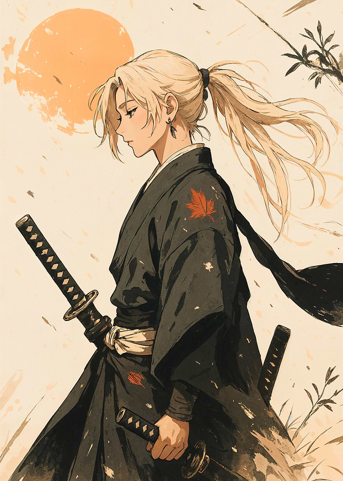Anime Samurai with Swords and Ponytail