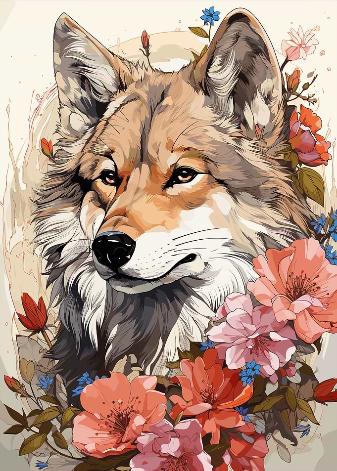 Coyote Portrait with Floral Adornments