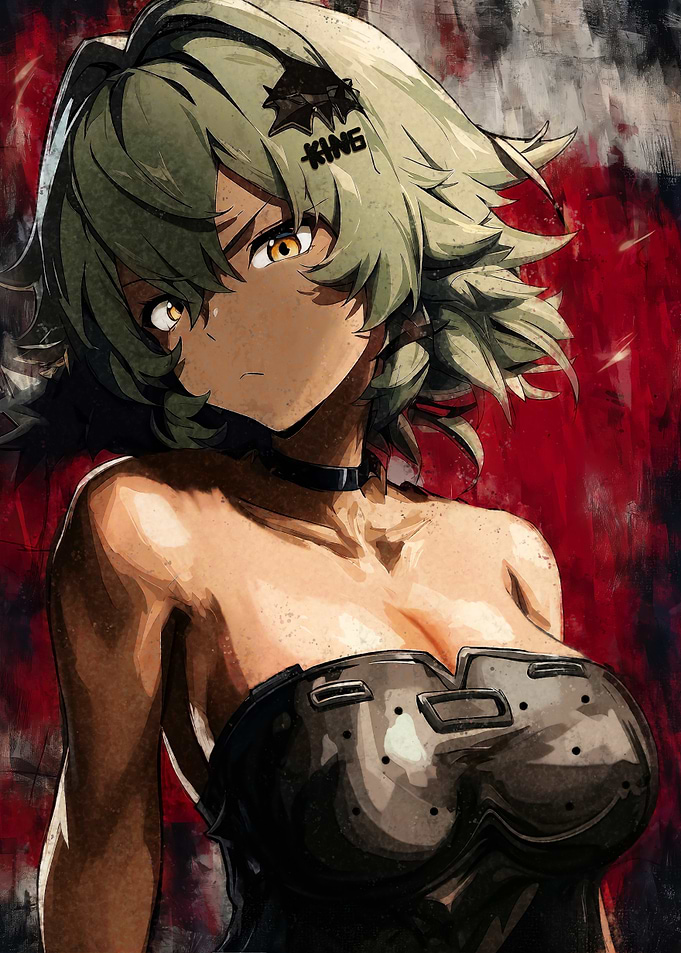 Caesar Biker Anime Girl with Olive Hair