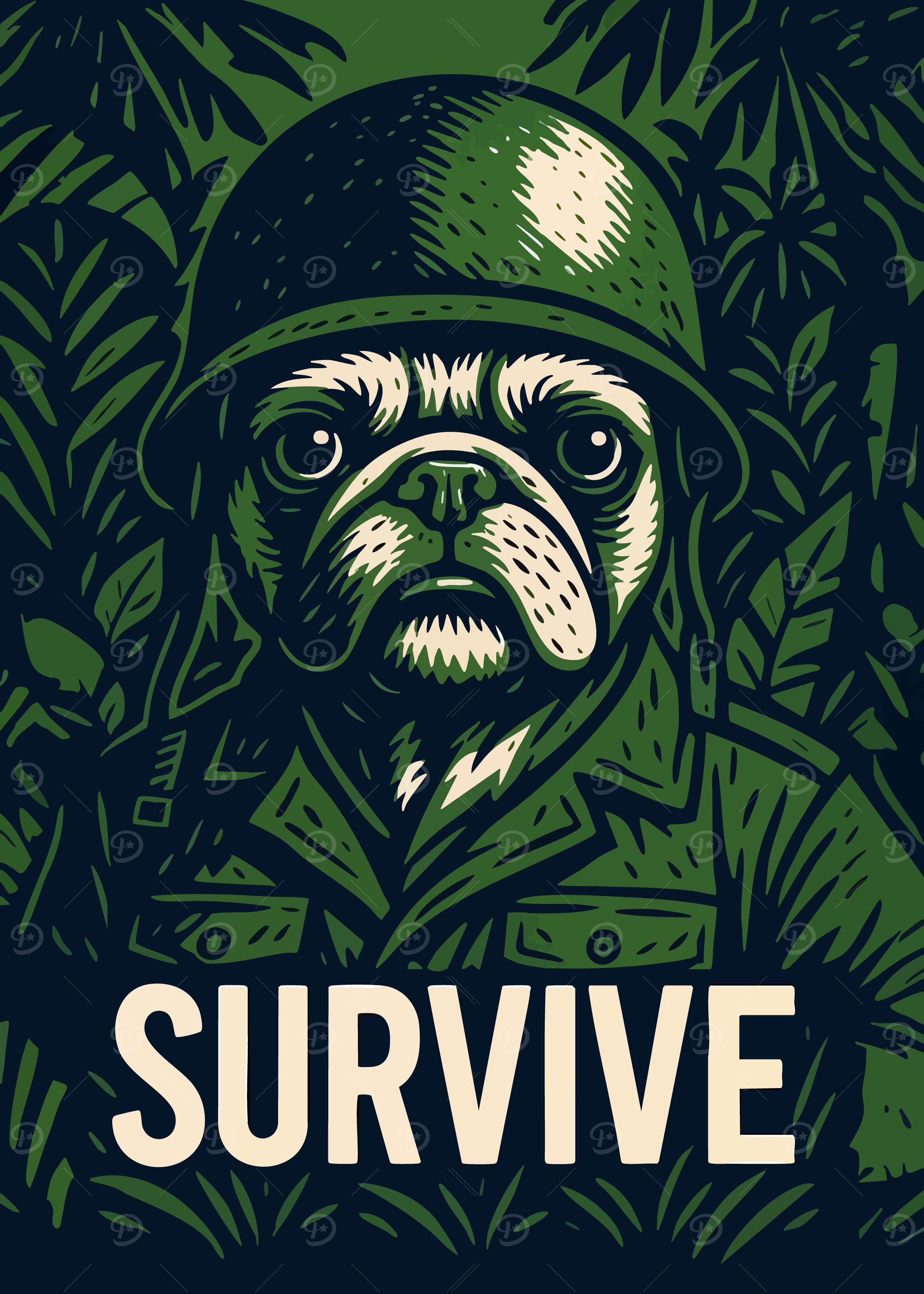 Survive: Pug Soldier Funny Vintage Motivational Poster Art Illustration