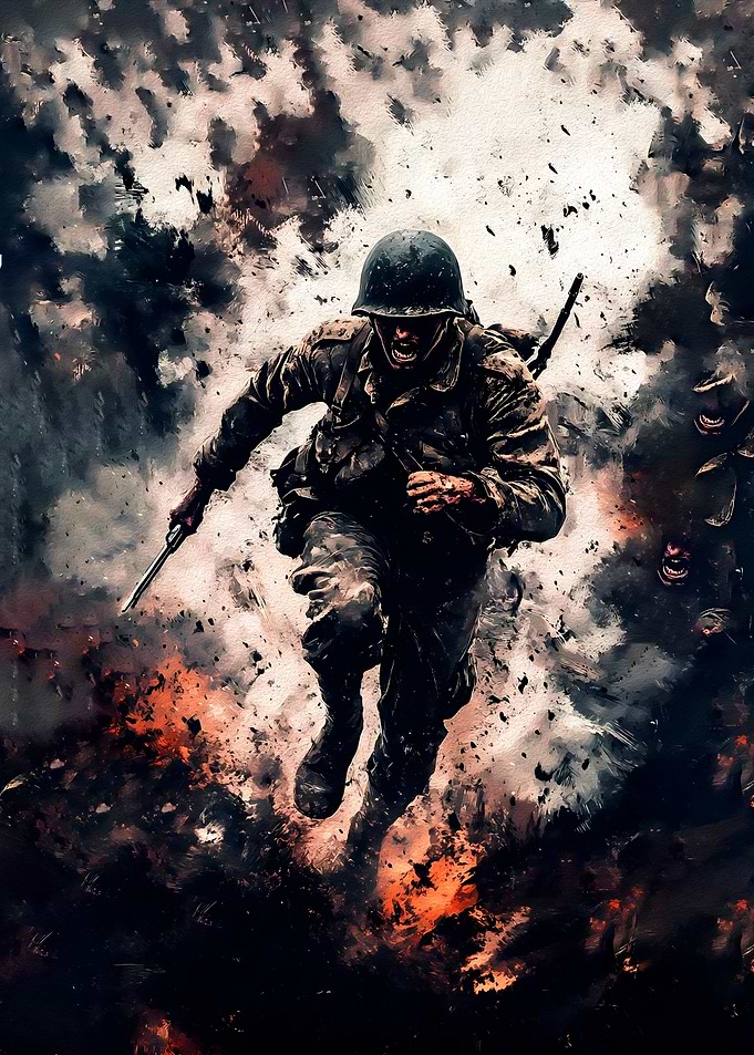 Soldier Running Through Battlefield Explosion
