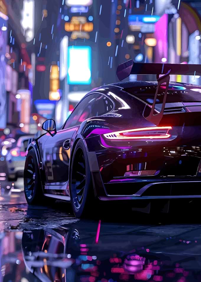 Sleek Car in Rainy Cityscape