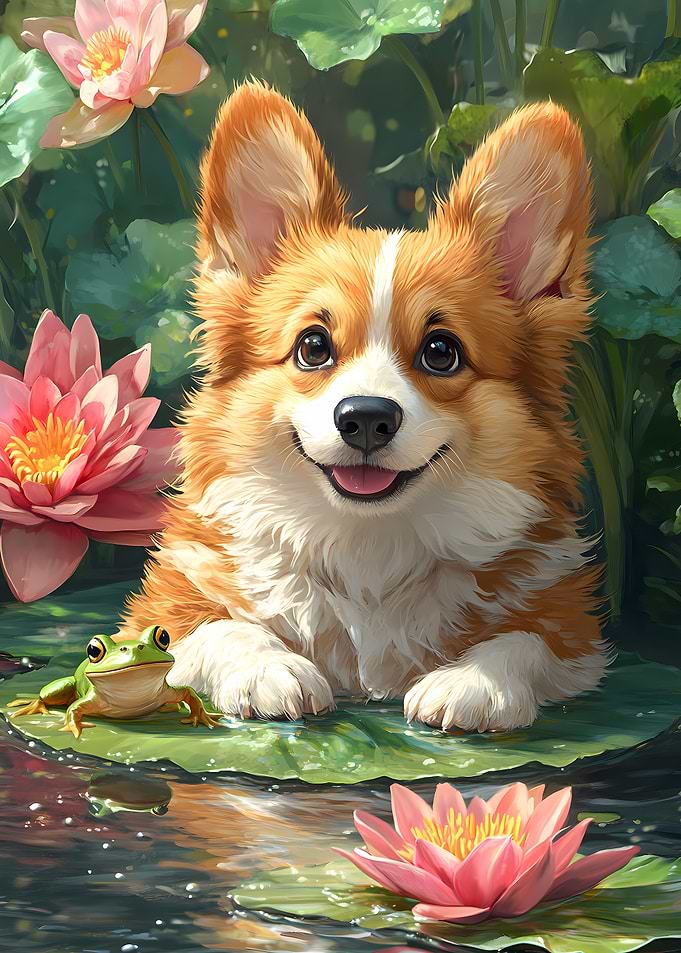 Corgi and Frog in Lily Pond