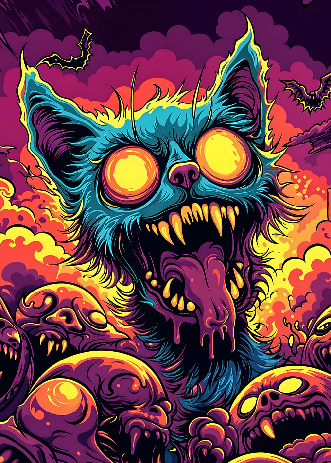 Creepy Cat Surrounded by Monsters