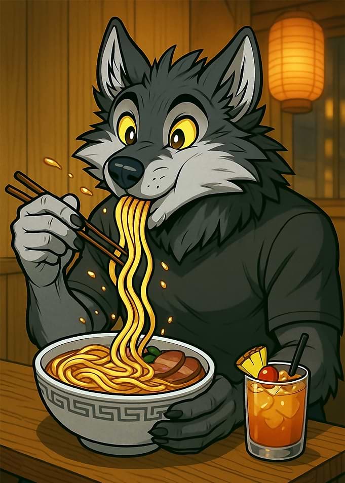 Furry Enjoying Ramen and Cocktail