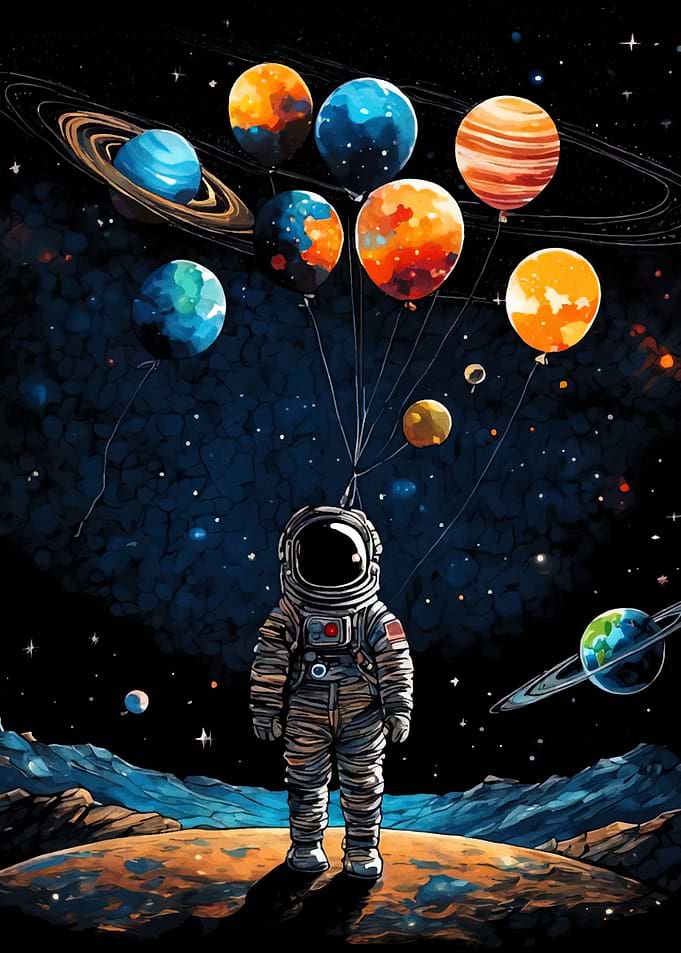 Astronaut with Planet Balloons in Space