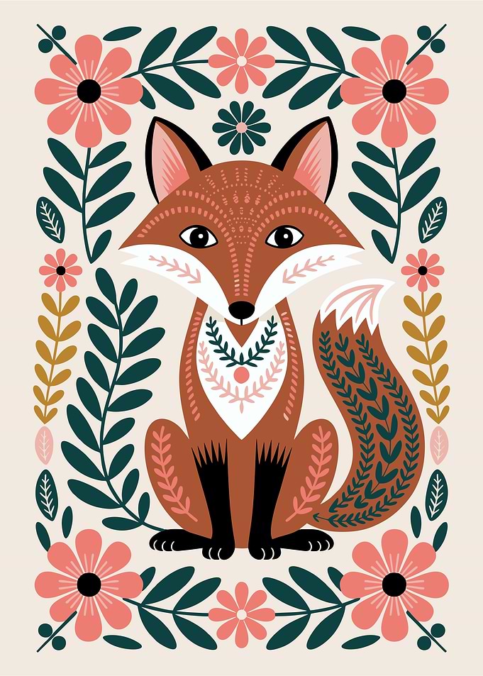 Stylized Fox Illustration with Floral Frame