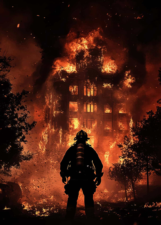 Firefighter front burning building