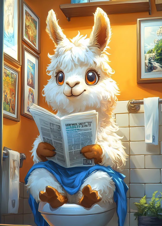 Llama reading newspaper on toilet