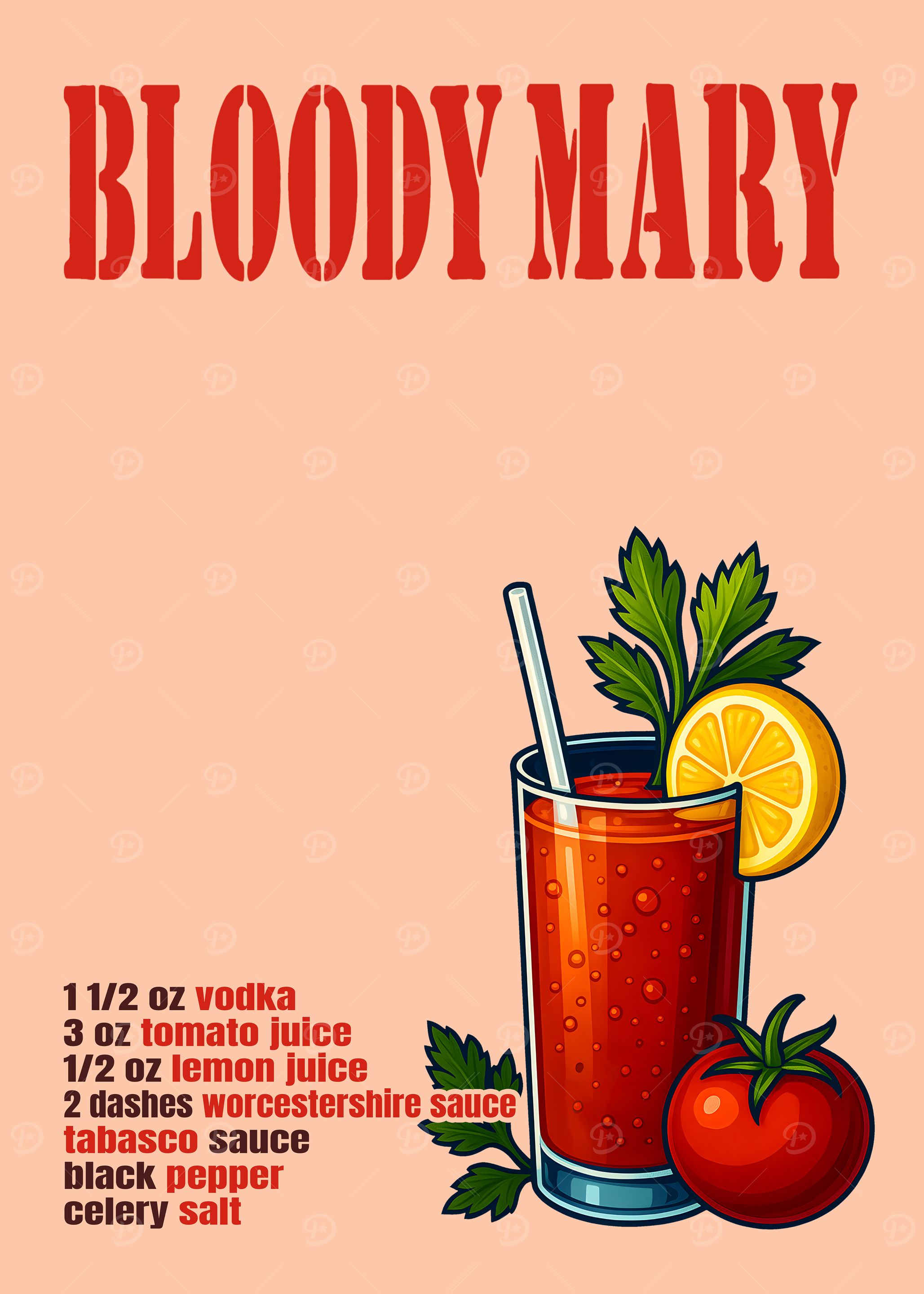 Bloody Mary Cocktail Art Print – Bold Vodka & Tomato Drink Recipe Wall Decor for Bar, Kitchen, or Lounge