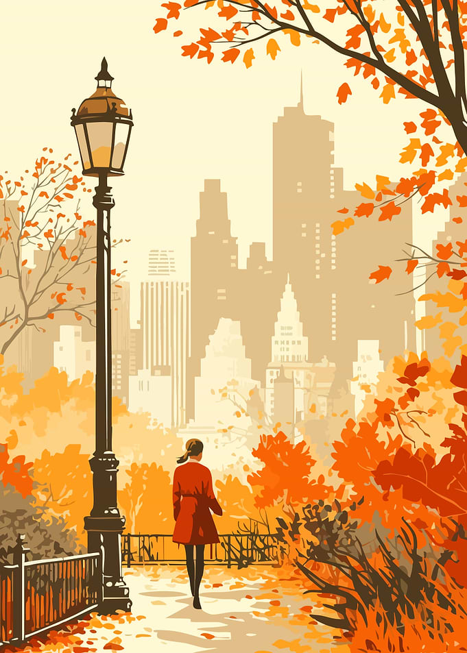 Autumn New York City Park Stroll Minimalist Art Illustration