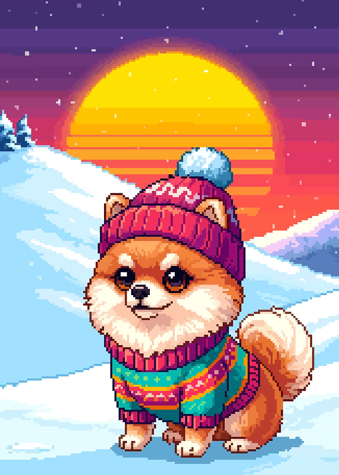 Pixel Art Pomeranian in Winter Landscape Cute