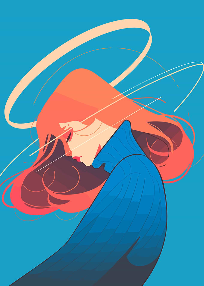 Woman with Red Hair and Halo Minimalist Art Illustration