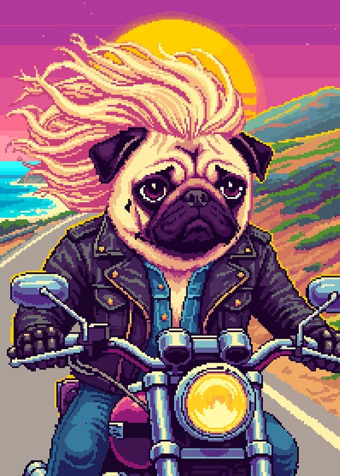 Pixel Art Pug Biker Retro 80s Vintage Arcade Game Illustration