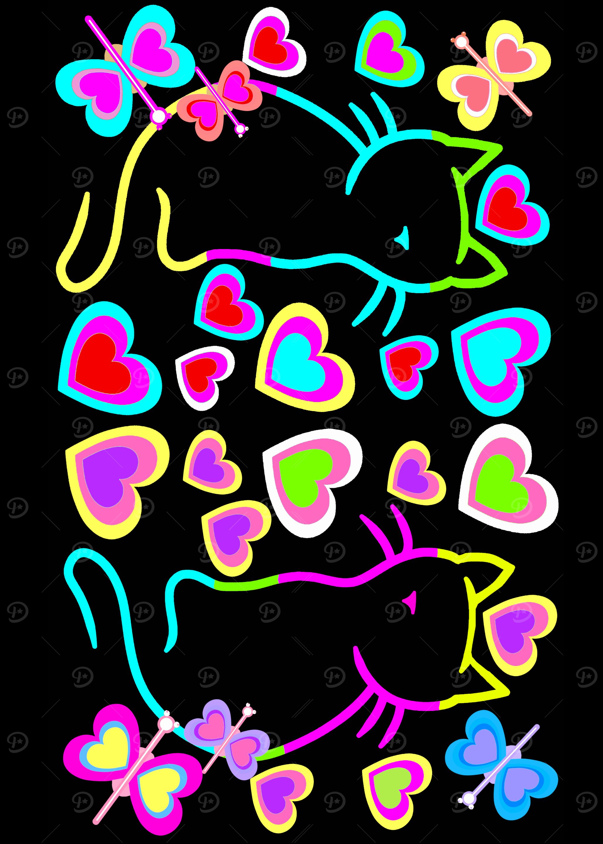 Neon Cats and Hearts on Black
