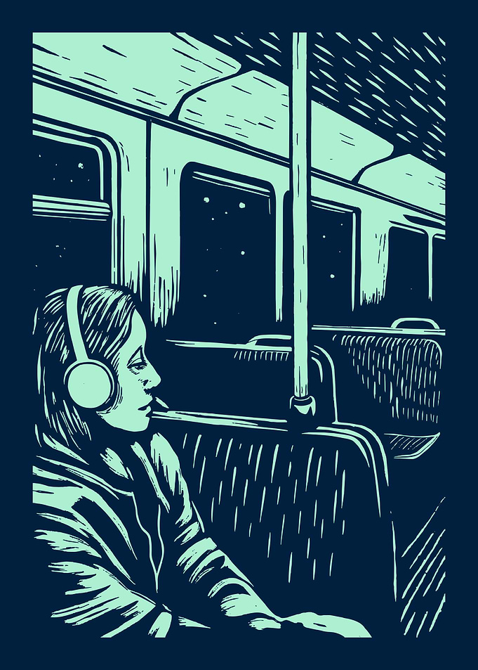 Girl on a train at night