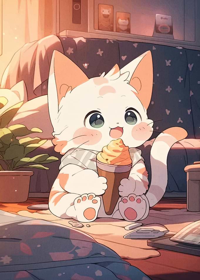 Cute Cat Eating Ice Cream