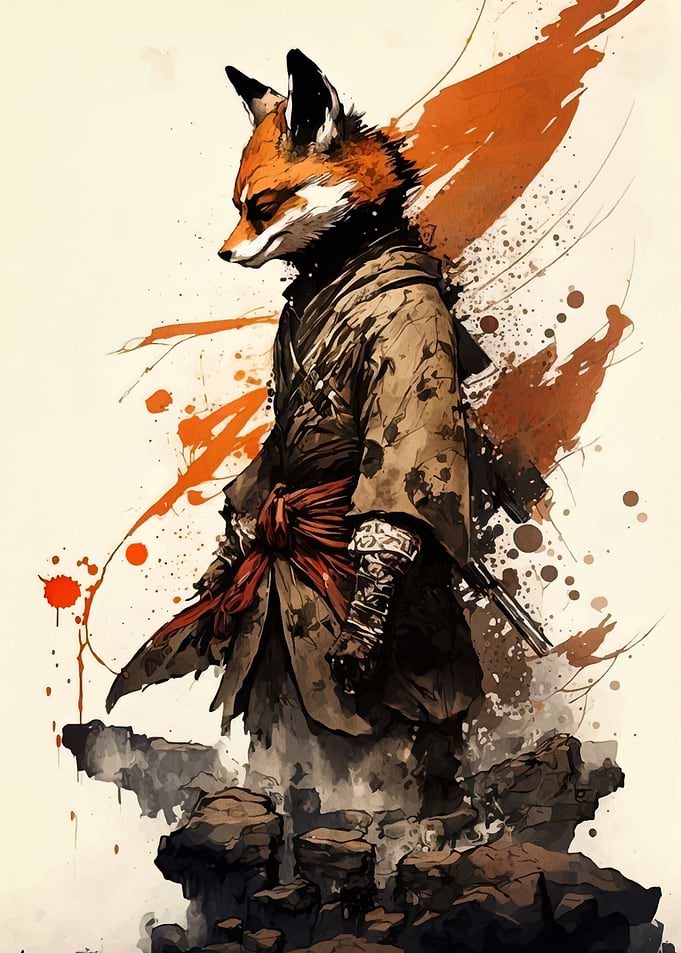 Fox Samurai Watercolor Illustration