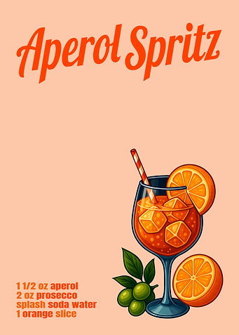 Aperol Spritz Cocktail Art Print – Classic Italian Aperitivo Recipe Wall Decor for Bar, Kitchen, or Lounge