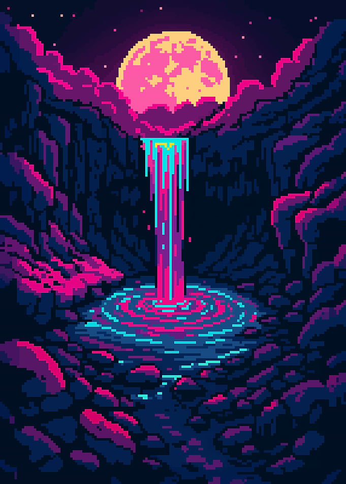 Pixel Art Retro Sytnh Waterfall Under Full Moon