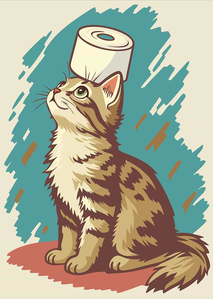 Cat with Toilet Paper on Head
