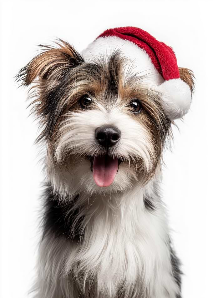 Cute Biewer Terrier Dog with Santa Hat