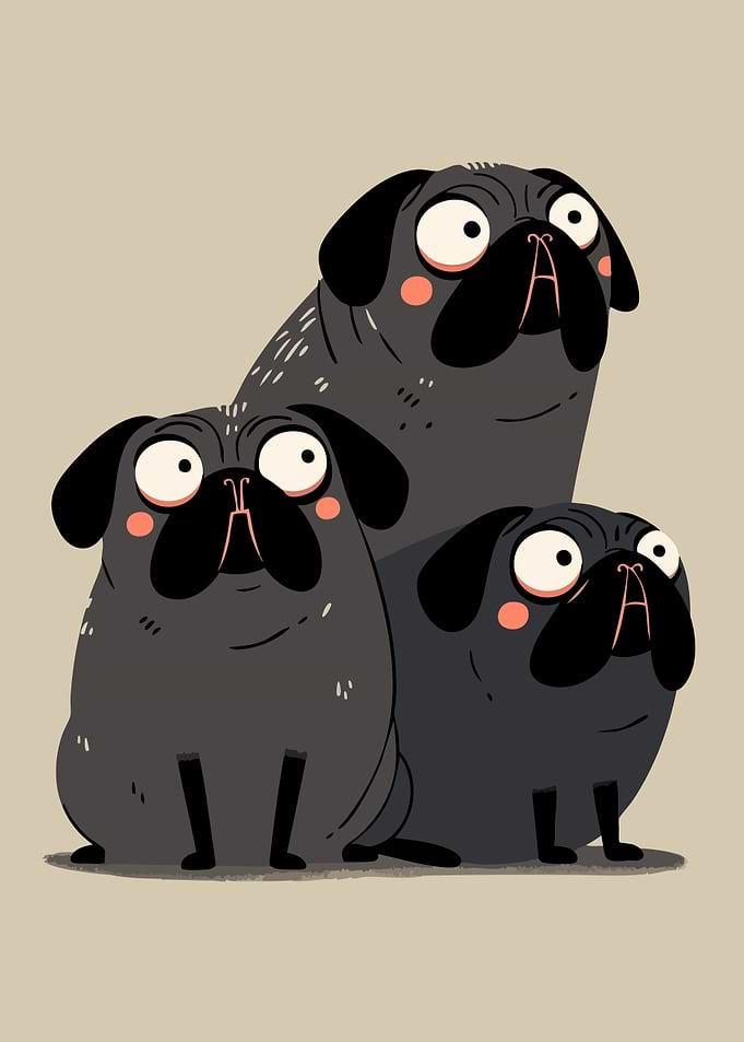 Three Cartoon Pugs Funny Cute Dog Minimalist Art Illustration