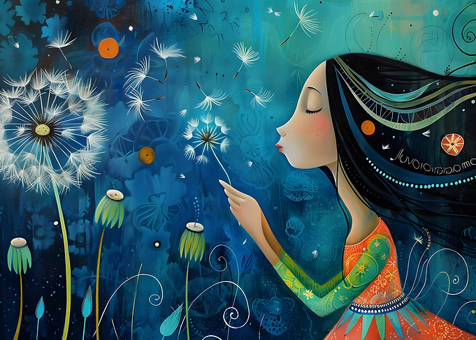 Girl blowing dandelion seeds art